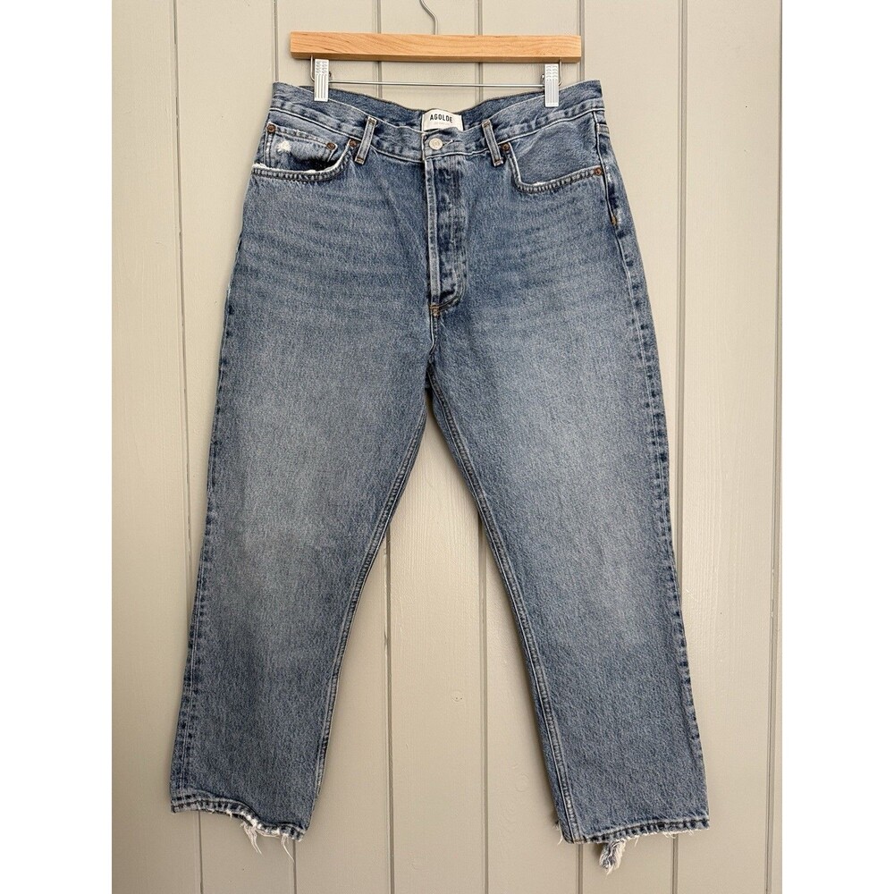 Agolde Riley High Rise Straight Crop Jeans Medium Wash Raw Fray Hems Cotton 32